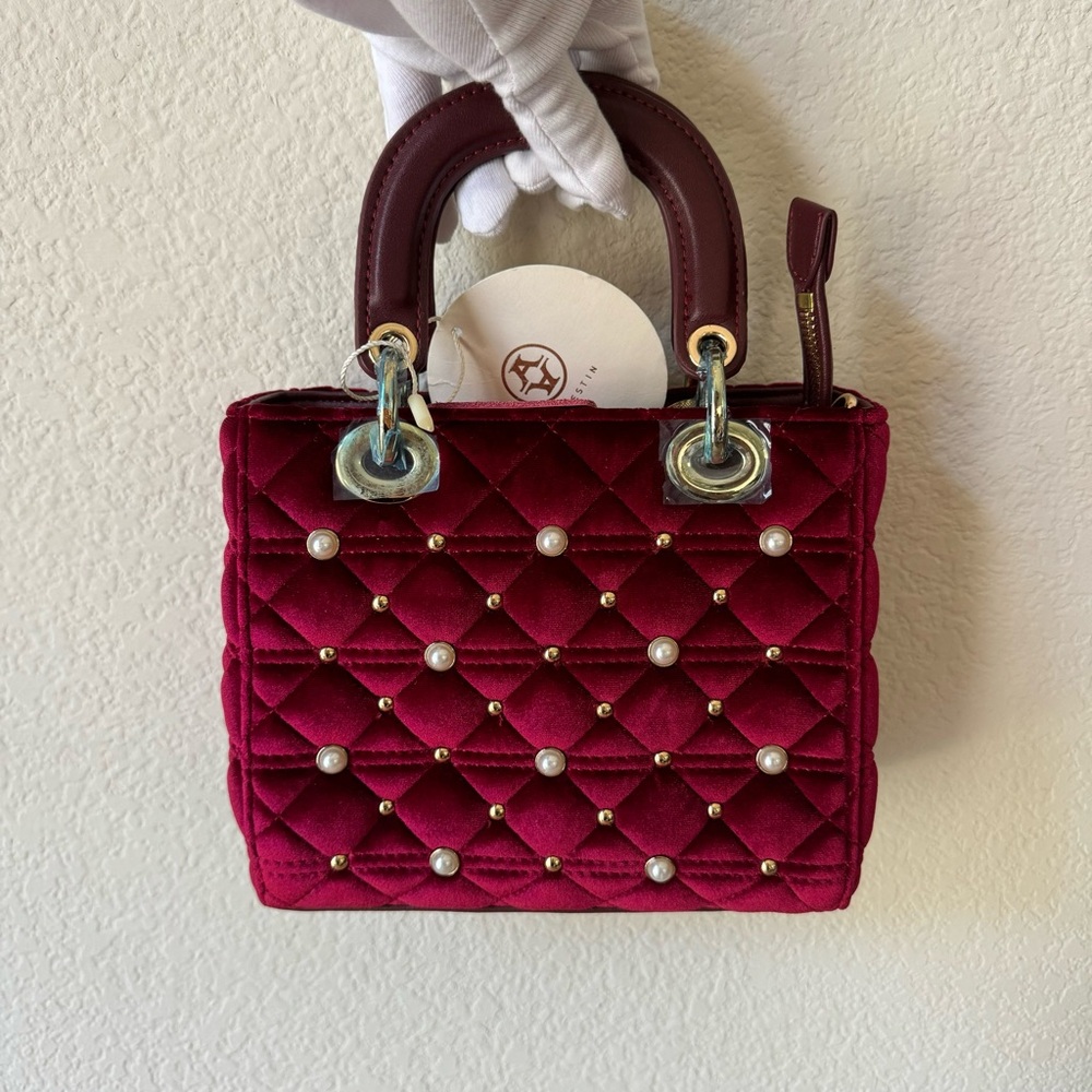 Wine Red Quilted Jeweled Velour Pearl Top Handle Satchel Lady Bag Crossbody S7